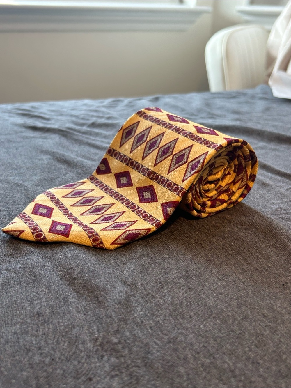 Albert Nipon Yellow and Burgundy Diamond Pattern Silk Tie